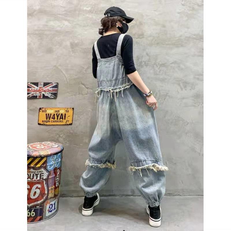 Extra large spring, summer and autumn denim overalls women's 2023 retro distressed tassel loose nine-point jumpsuit