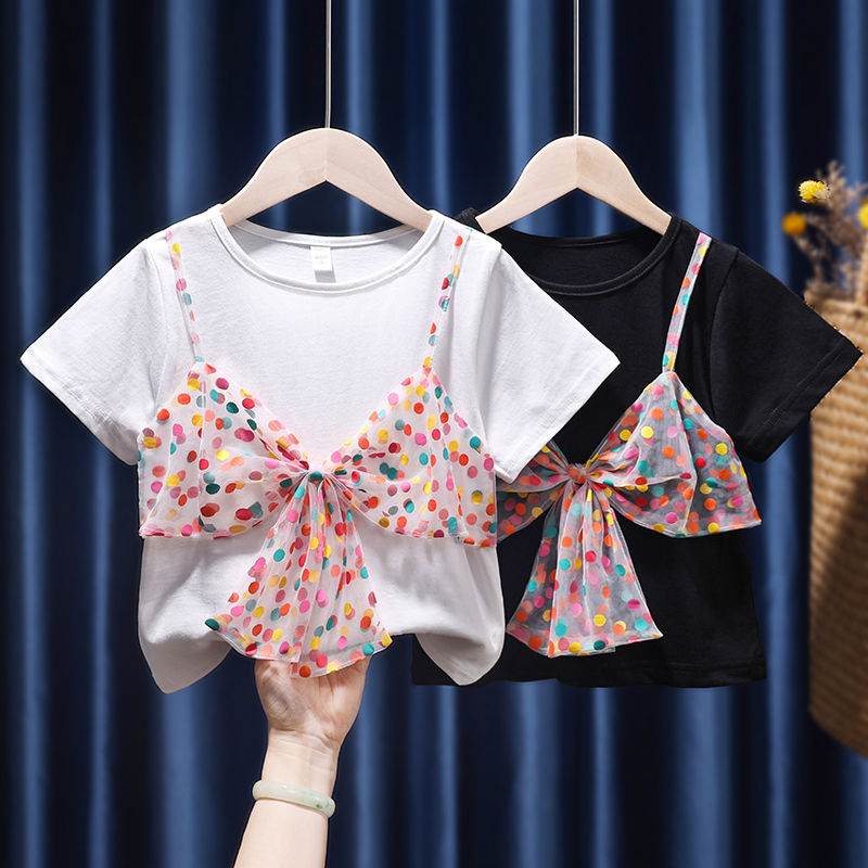 女童夏装短袖T恤宝宝婴幼儿韩版洋气碎花吊带短袖上衣打底衫1-8岁