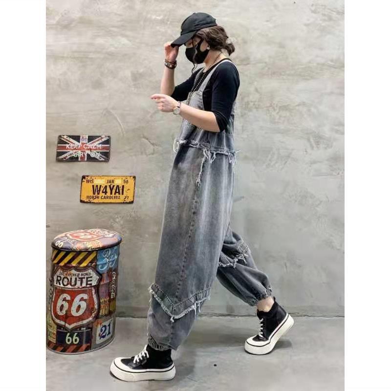 Extra large spring, summer and autumn denim overalls women's 2023 retro distressed tassel loose nine-point jumpsuit