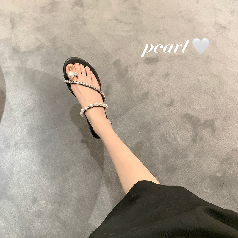 Pearl Rhinestone Temperament Fairy Wind Sandals Net Red 2022 Summer New Korean Version Versatile Flat Slip-on Roman Shoes