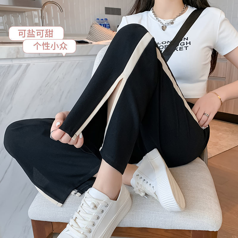 Slit ice silk wide-leg pants nine-point women's chiffon 2024 new high-waisted loose casual summer thin straight pants