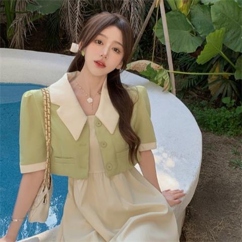 撞色拼接露腰系帶短外套套裝女2022夏季新款時尚純色吊帶裙兩件套