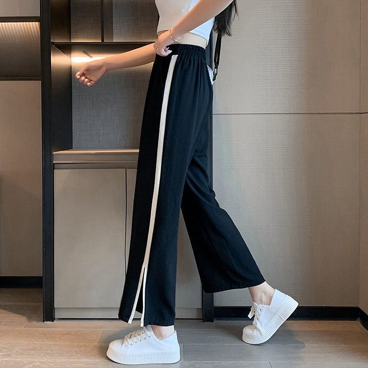 Slit ice silk wide-leg pants nine-point women's chiffon 2024 new high-waisted loose casual summer thin straight pants