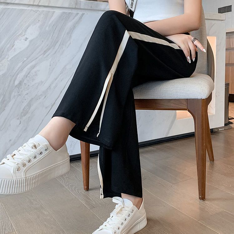 Slit ice silk wide-leg pants nine-point women's chiffon 2024 new high-waisted loose casual summer thin straight pants