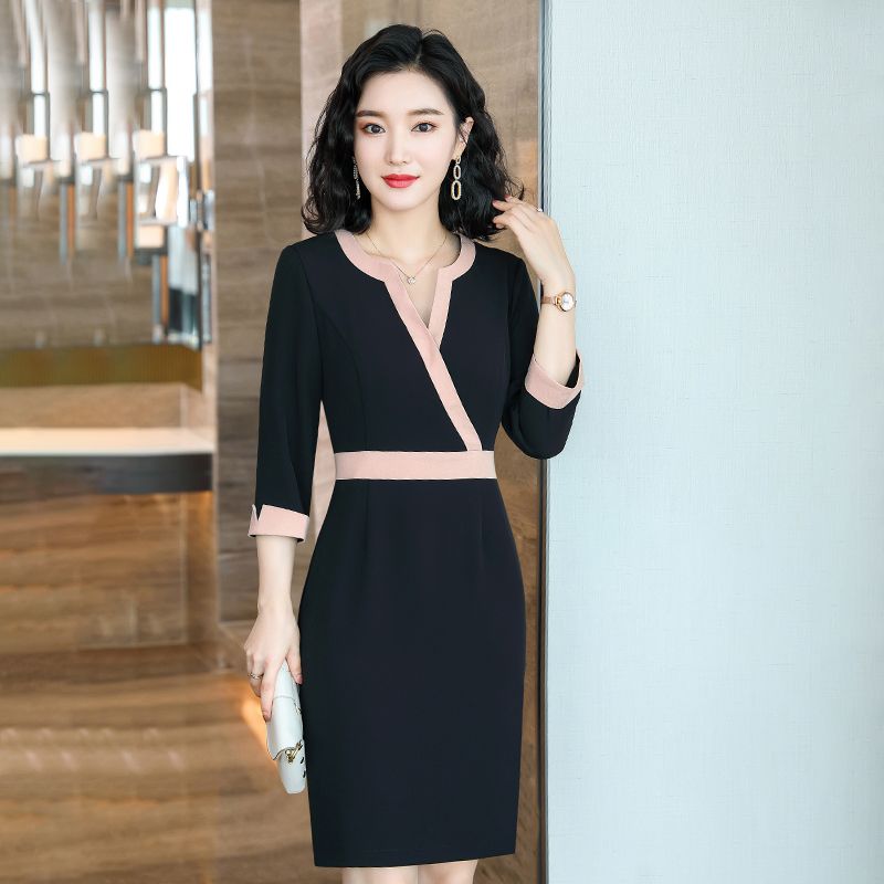 2022 spring new style mid-sleeve temperament dress women's V-neck waist slimming contrast color hip skirt beautician work uniform
