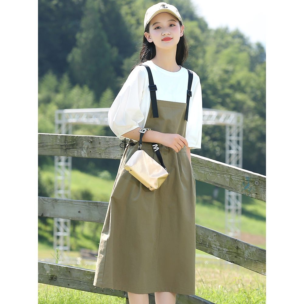 Girls' summer suspender skirt suit, older children's summer fashion new junior high school student dress, over-the-knee college trend