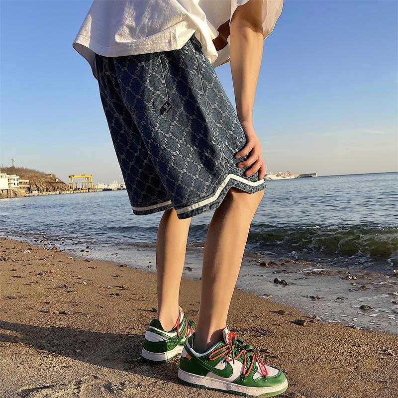 High street denim shorts men's summer trend design sense embroidered lattice cropped pants American retro wide leg pants