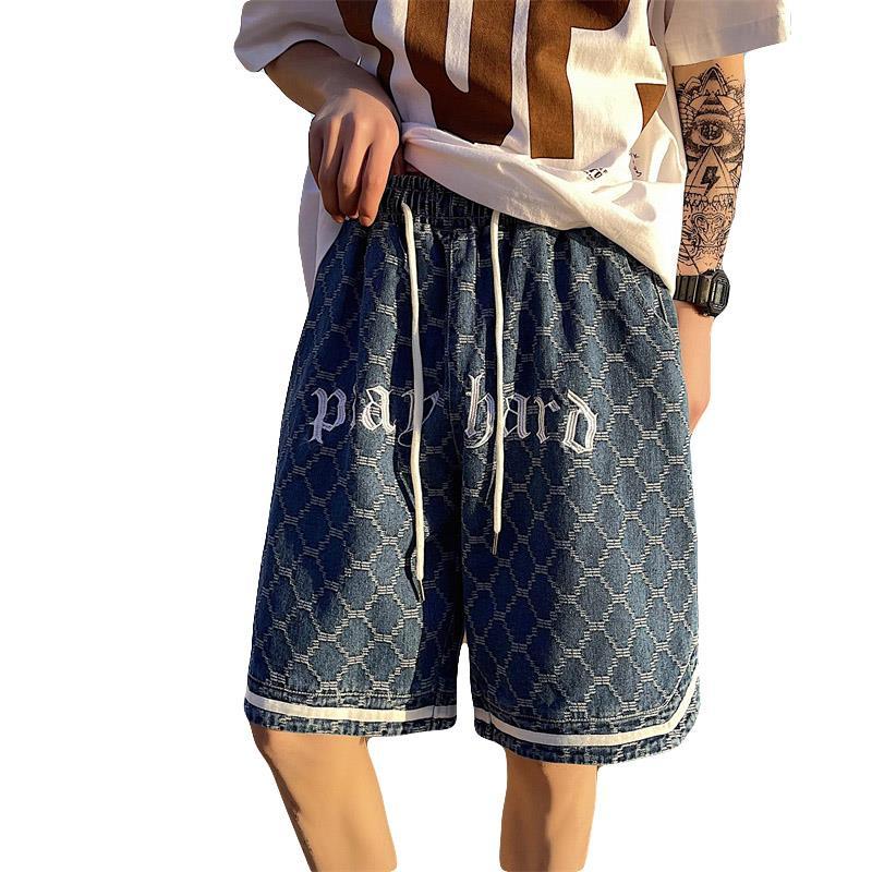 High street denim shorts men's summer trend design sense embroidered lattice cropped pants American retro wide leg pants