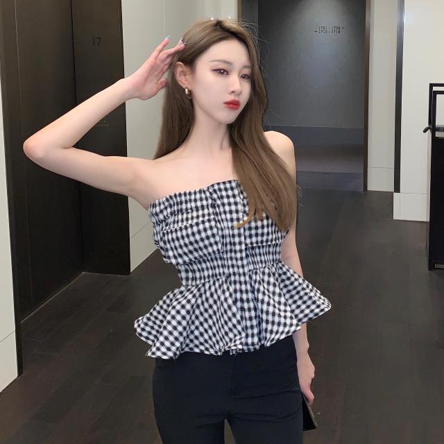 Black and white plaid small camisole female summer hot girl one-shoulder sexy tube top inner jacket female outerwear wrapped chest