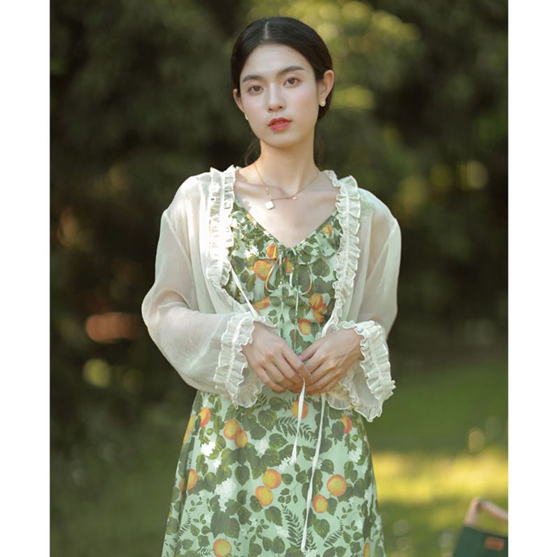 Super Fairy Chiffon Sunscreen Cardigan Women's Summer Breathable Thin Coat Short Style with Strap Skirt Overlay with Shawl Air Conditioner Cover