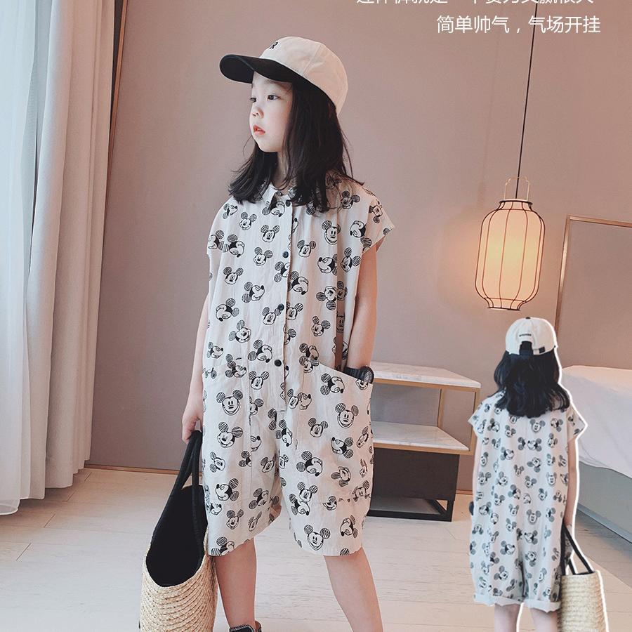 Girls jumpsuit  summer new style medium and big children's cartoon loose thin section short-sleeved children's five-point pants trendy