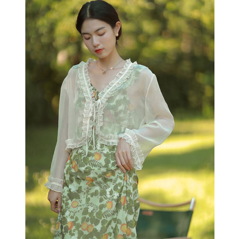 Super Fairy Chiffon Sunscreen Cardigan Women's Summer Breathable Thin Coat Short Style with Strap Skirt Overlay with Shawl Air Conditioner Cover