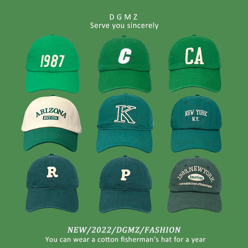 Dark green baseball hat women's spring and summer Korean letter street embroidery washed cotton sunshade peaked cap trendy men