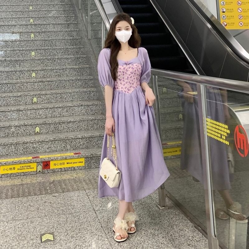 Summer  New French Design Sense Stitching Fairy Puff Sleeve Purple Skirt Waist Slim Dress