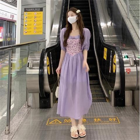 Summer  New French Design Sense Stitching Fairy Puff Sleeve Purple Skirt Waist Slim Dress