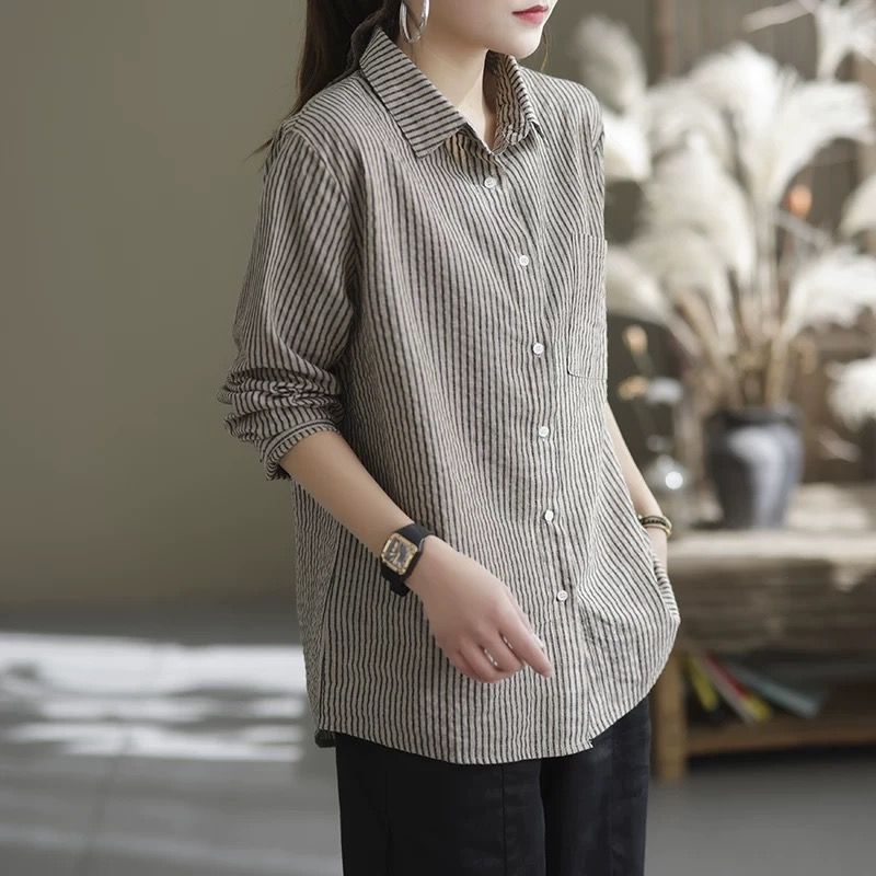 外貿專櫃撤回剪標女裝2023春季新款中長款棉麻長袖襯衫亞麻上衣