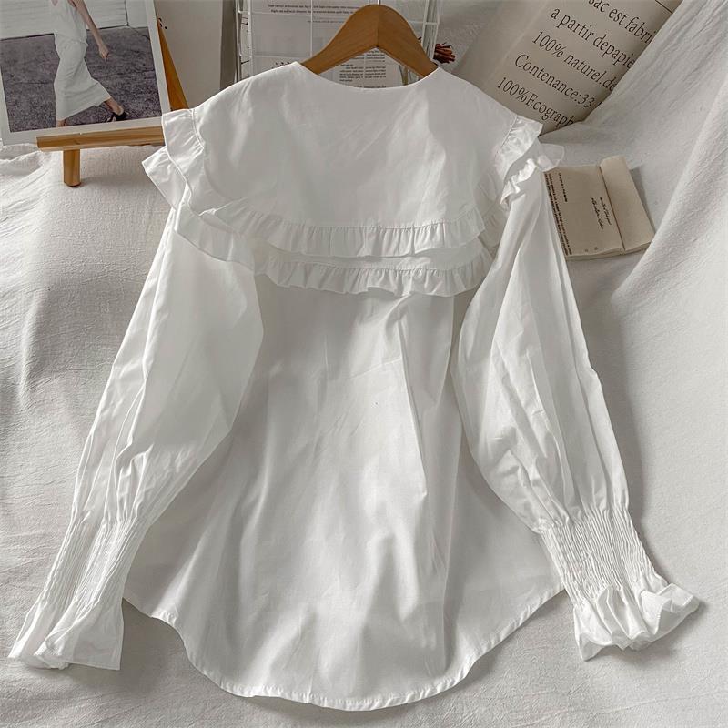 法式别致白色长袖衬衫年春季新款设计感小众甜美娃娃领上衣女