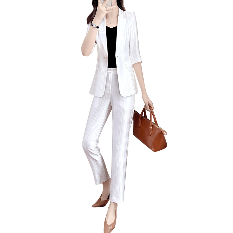 罗蒙西装外套女白色醋酸缎面立体条纹高级设计感小众职业西服套装