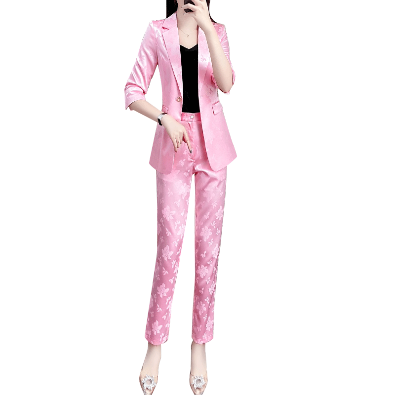 罗蒙西装外套女粉色印花高级感西服上衣气质女神范高端职业装套装