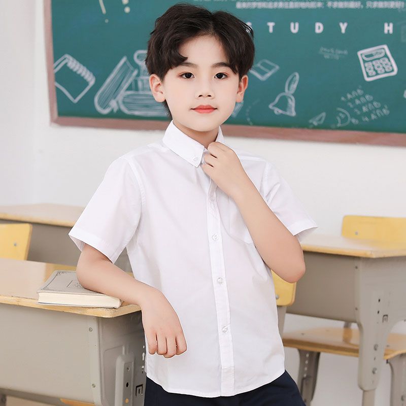 男童短袖白衬衫纯棉夏季白色衬衣薄款小学生校服儿童翻领口袋寸衣