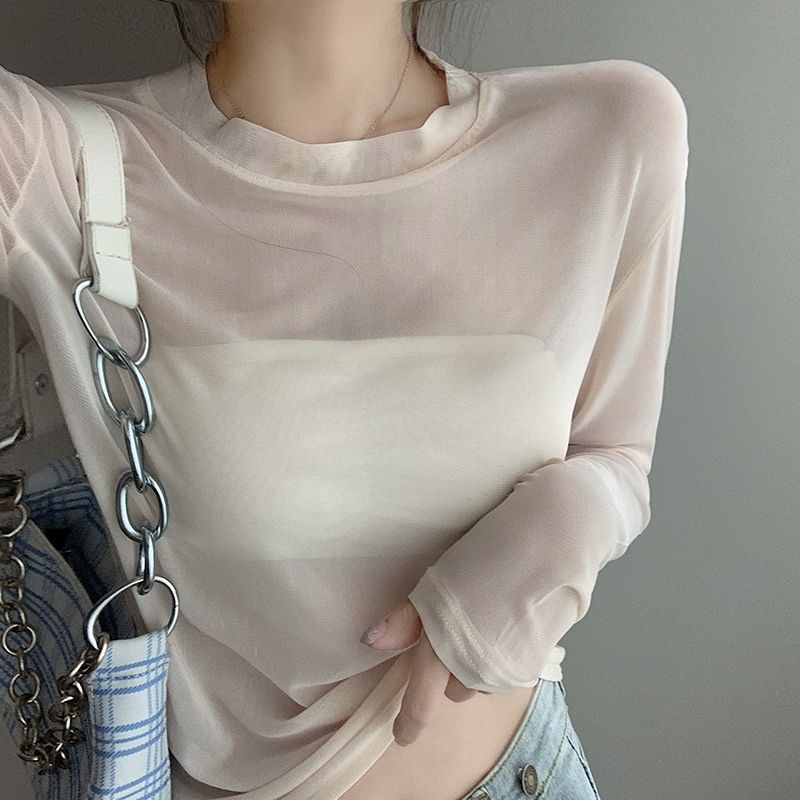 2022 early spring new thin long-sleeved blouse gauze inner layered T-shirt top see-through mesh bottoming shirt for women summer