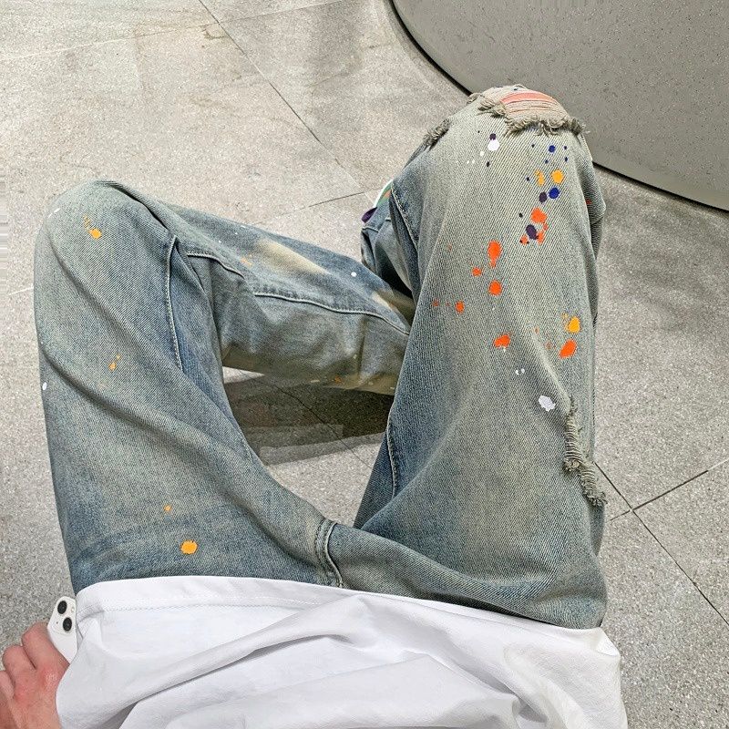 扎染潑墨破洞牛仔褲男夏季歐美潮牌寬鬆百搭直筒褲高街帥氣休閒褲
