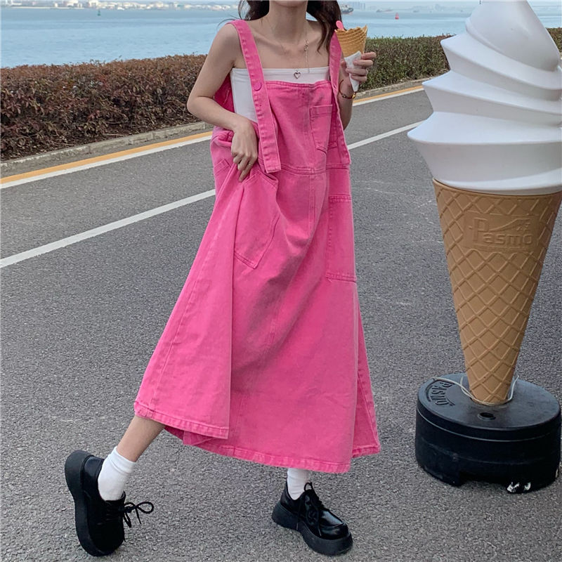 Denim suspender skirt women's design sense niche dress summer loose one-piece skirt pink milk sweet milk long skirt