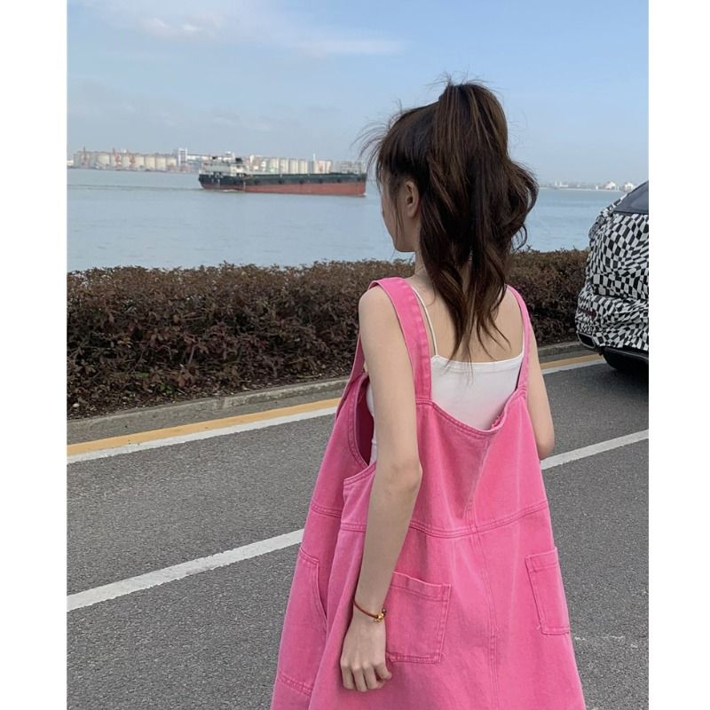 Denim suspender skirt women's design sense niche dress summer loose one-piece skirt pink milk sweet milk long skirt