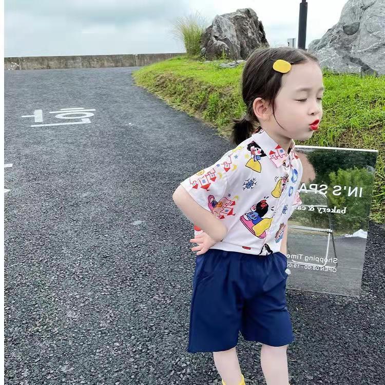 Girls summer suit 2022 new Korean version of children's short-sleeved cartoon flower shirt thin section baby loose shorts