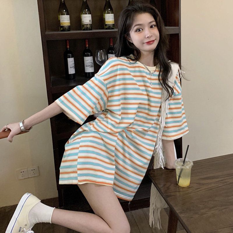 Ins short-sleeved extra large striped t-shirt female fat mm300 catties summer Korean version of chic Hong Kong flavor loose meat-covering top