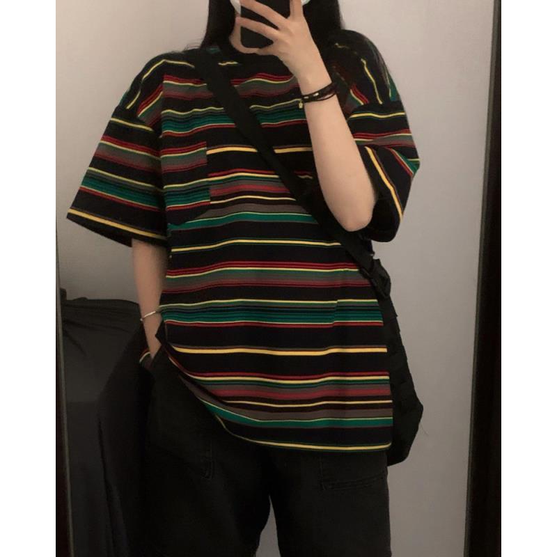 Ins wind large size retro striped short-sleeved t-shirt female summer fat mm2-300 catties chic Hong Kong flavor loose half-sleeved top