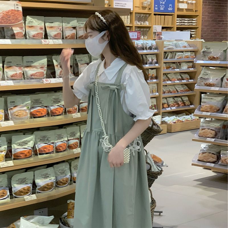 Summer Korean sweet bow strap skirt + bubble sleeve shirt female student middle and long strap skirt two piece set