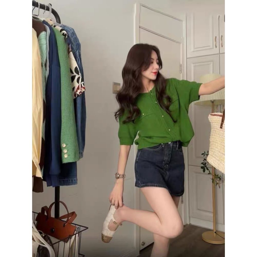兩件套裝/單件夏季氣質時尚墨綠色短袖針織衫上衣女+牛仔半身裙潮