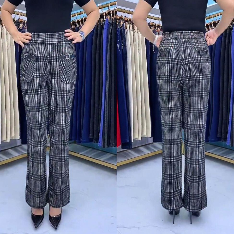 300 catties large size middle-aged and elderly elastic high-waisted casual pants women's summer fashion mother plaid striped micro-flared pants
