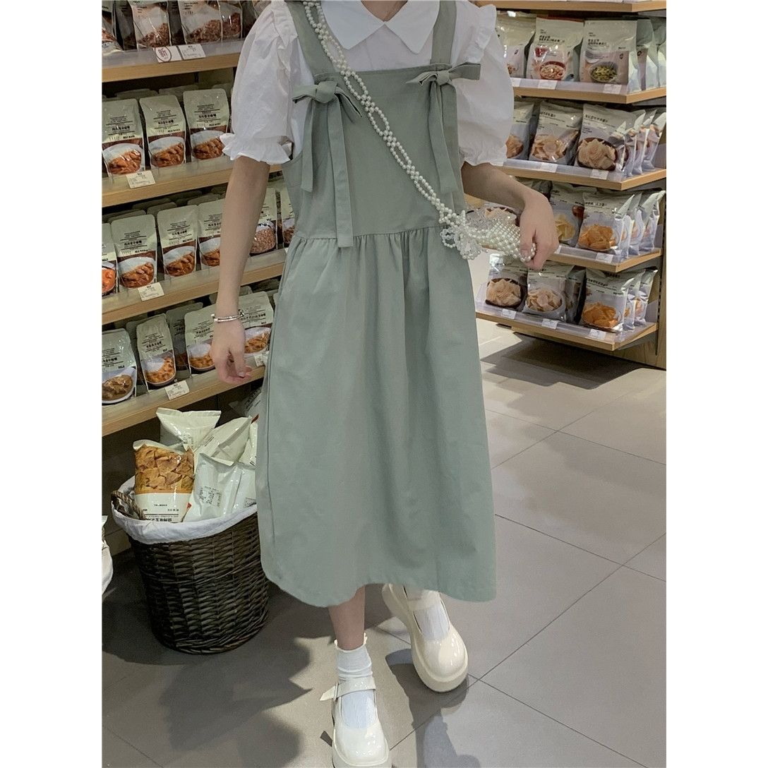 Summer Korean sweet bow strap skirt + bubble sleeve shirt female student middle and long strap skirt two piece set