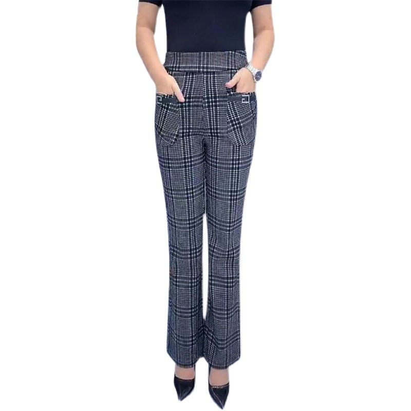 300 catties large size middle-aged and elderly elastic high-waisted casual pants women's summer fashion mother plaid striped micro-flared pants