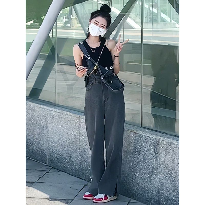 Denim suspender women's 2022 summer new Korean loose casual split design high waist SLIM STRAIGHT pants