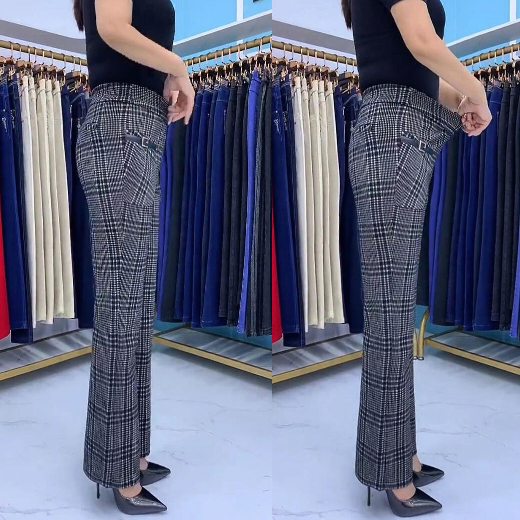 300 catties large size middle-aged and elderly elastic high-waisted casual pants women's summer fashion mother plaid striped micro-flared pants