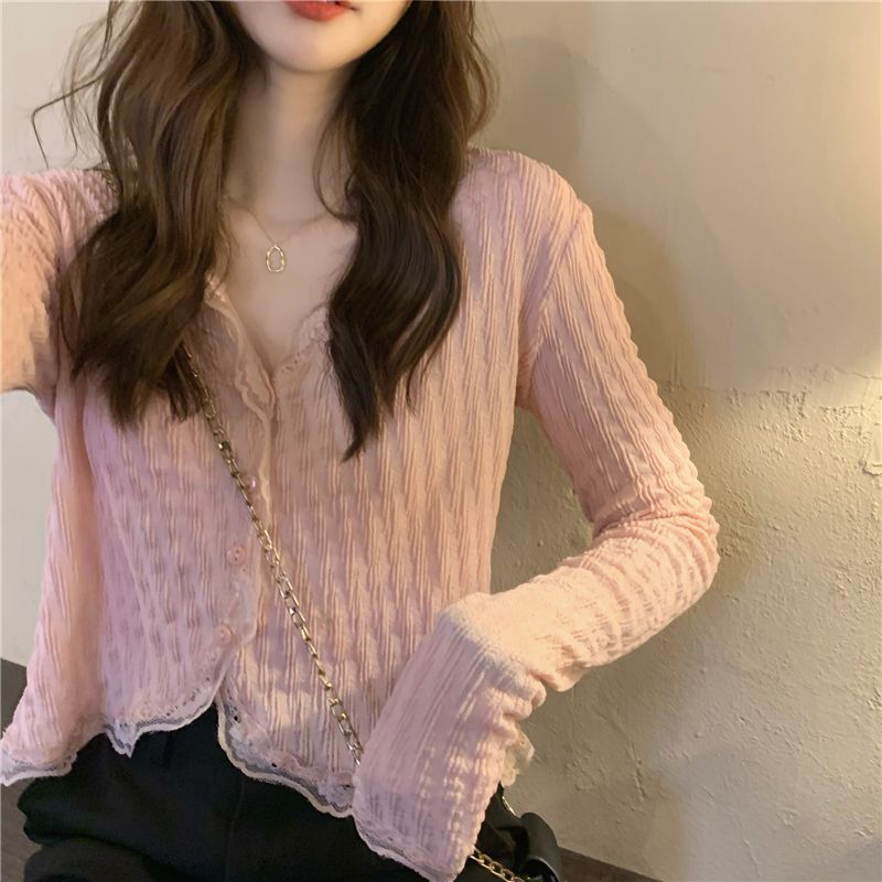短款襯衫春款女氣質v領甜美長袖防曬襯衣夏季粉色純欲辣妹小上衣