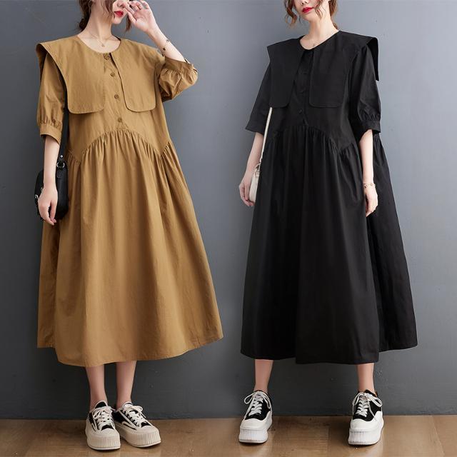 大碼女裝日系風連衣裙2022新款寬鬆高腰中長休閒裙半袖娃娃裙子女