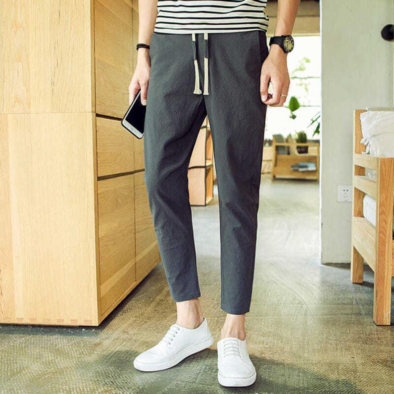 Linen pants men's Korean version of the trendy nine-point pants summer thin middle school students nine points casual cotton and linen slim pants