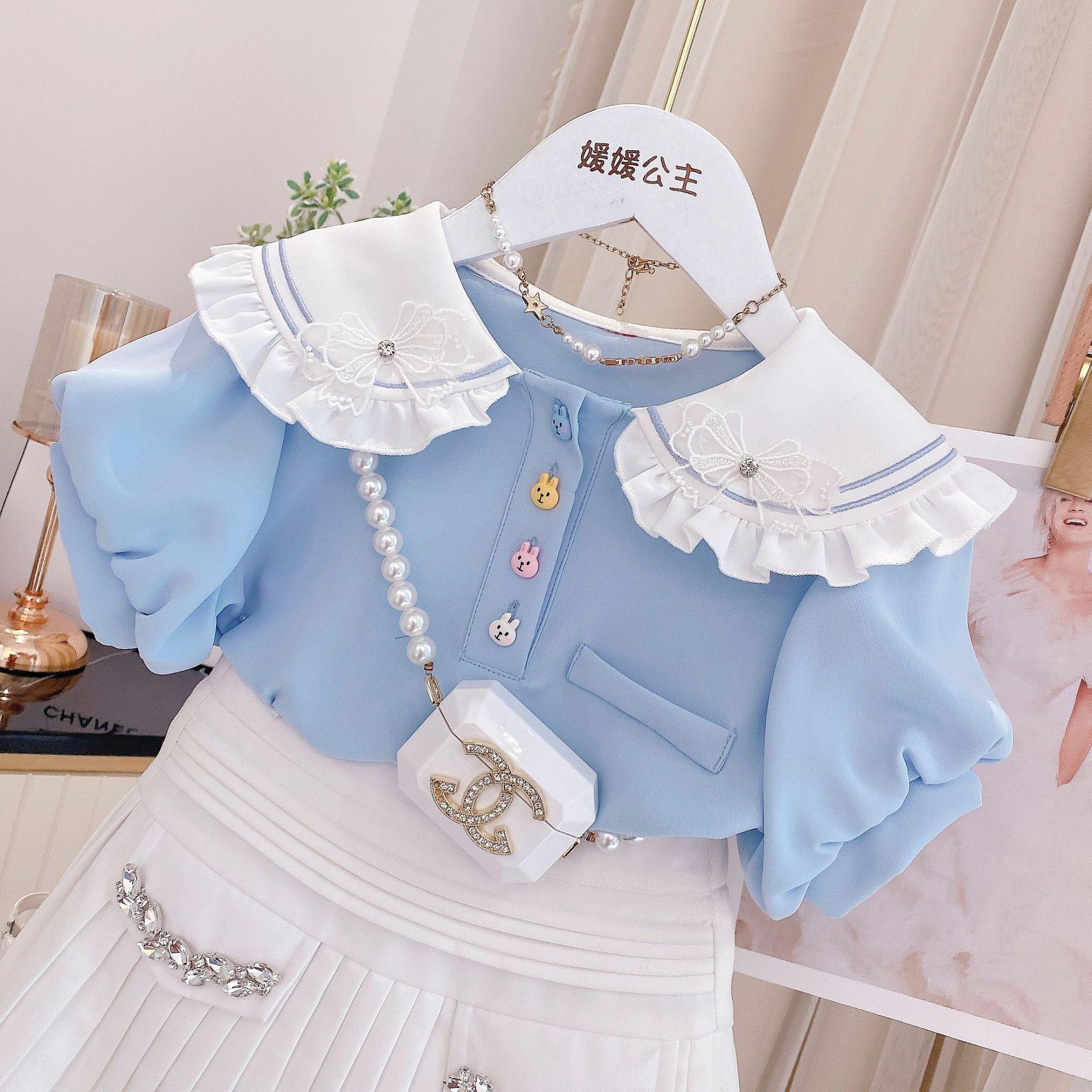 Girls' suit summer 2022 new Korean style foreign style children's two-piece suit girl short-sleeved lapel shirt skirt pants