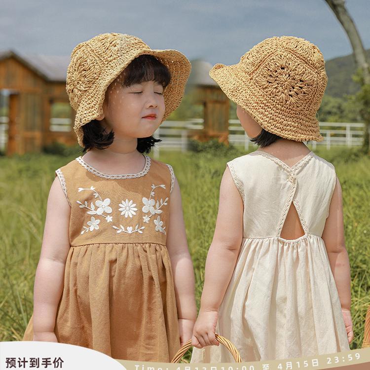 女童純棉後背鏤空背帶裙2023夏季新款撞色繡花寶寶田園風連衣裙潮