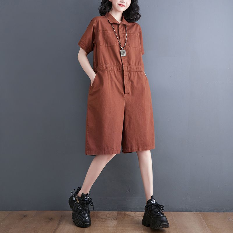 2023 fashion lapel casual Hong Kong style jumpsuit five-point pants 2023 summer thin section large size loose jumpsuit