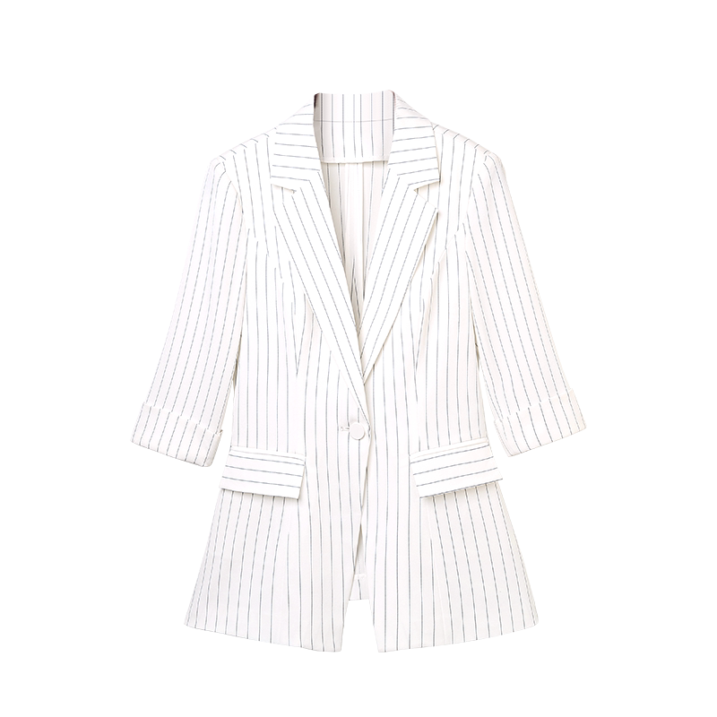 罗蒙西装外套女春夏季白色休闲时尚薄款高端职业套装ol条纹小西服