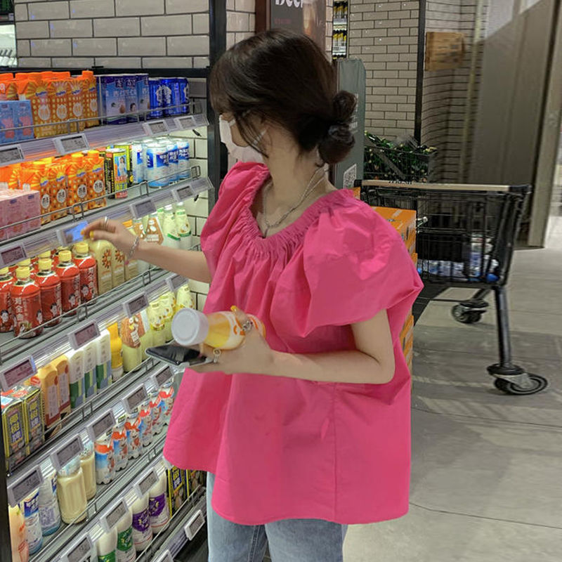 一字肩泡泡袖襯衫女夏季2023新款設計感小眾襯衣寬鬆甜美別致上衣