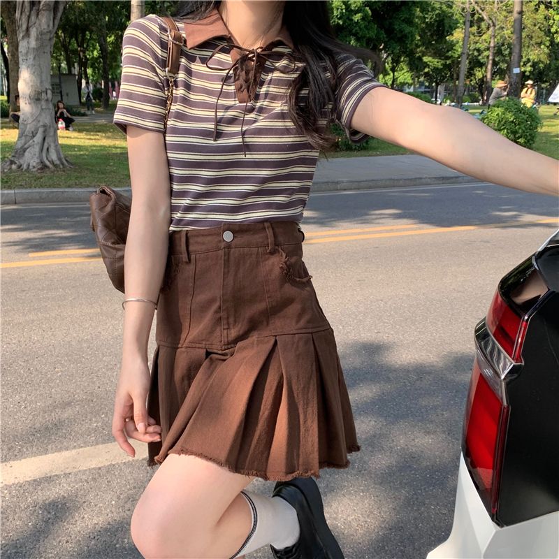 兩件套裝/單件夏季新款條紋Polo領襯衫校園上衣女+棕色百褶半身裙