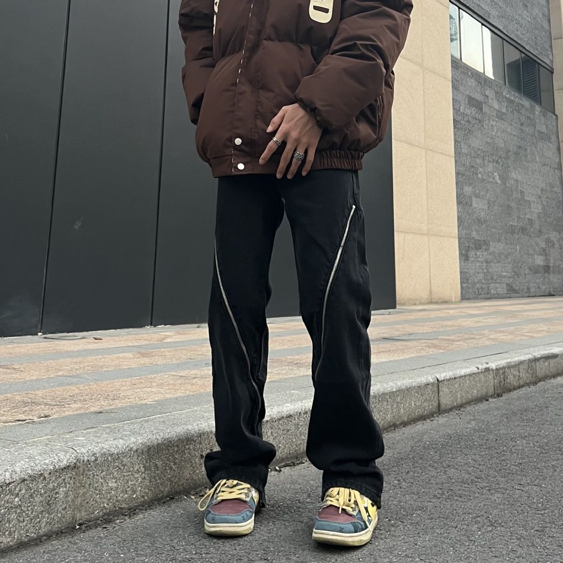 歐美街頭小眾拉鏈牛仔褲男寬鬆直筒復古hiphop嘻哈設計感長褲子