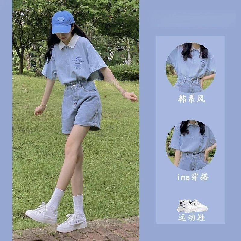 兩件套裝/單件夏季韓系小個子POLO衫上衣鹽甜減齡T恤+牛仔短褲子