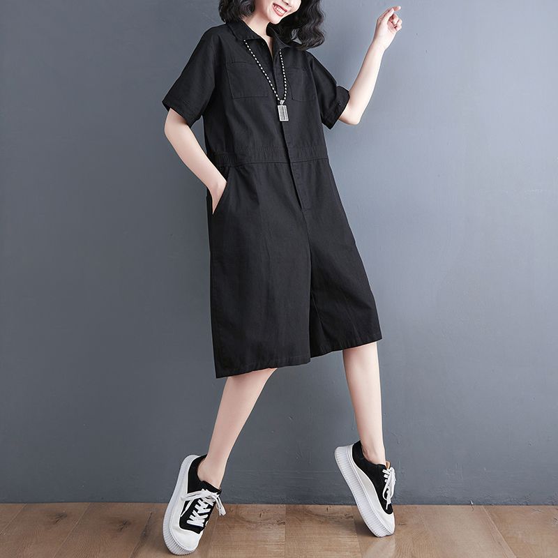 2023 fashion lapel casual Hong Kong style jumpsuit five-point pants 2023 summer thin section large size loose jumpsuit